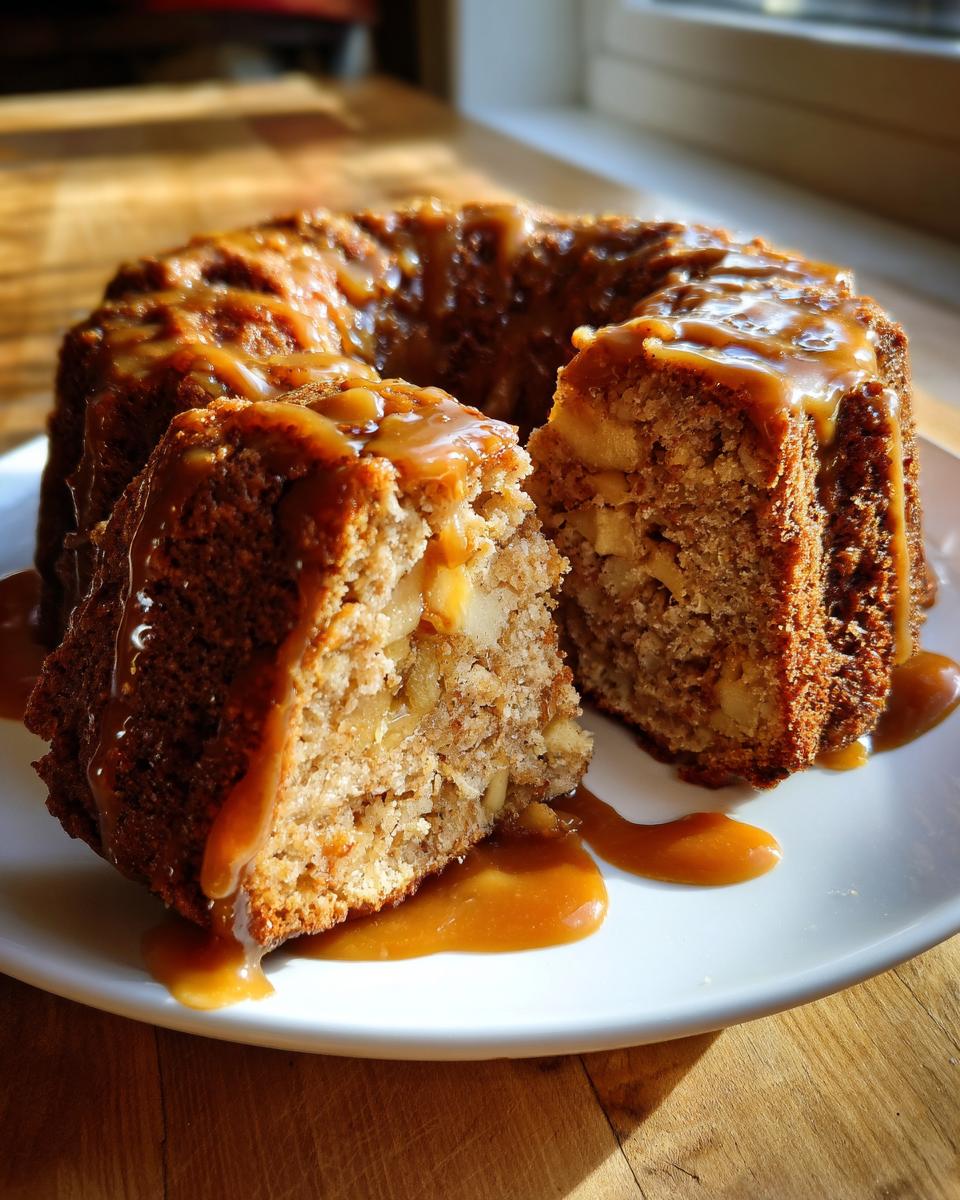 A slice cut from a bundt-style apple cake, generously topped with dripping caramel sauce.