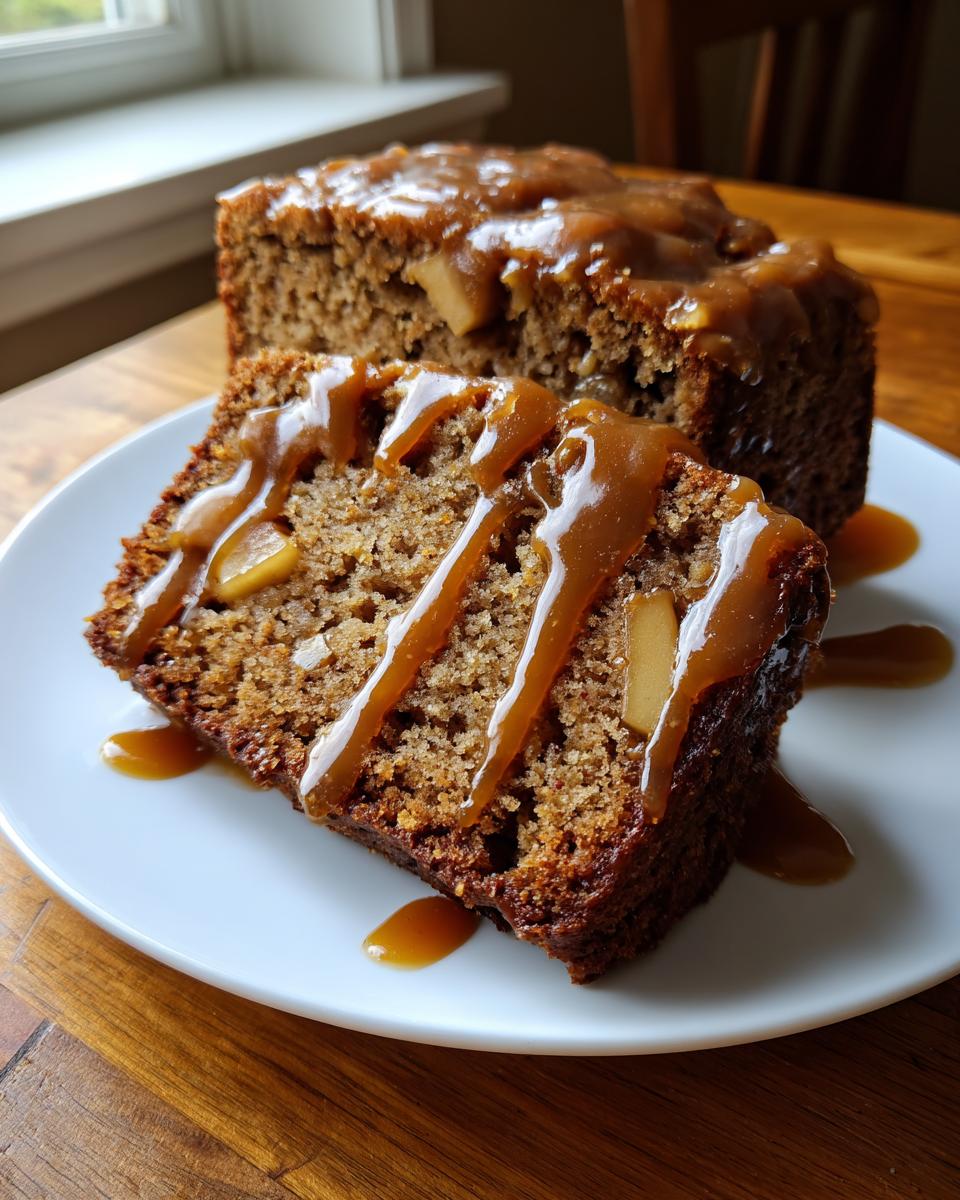 A slice of moist apple cake topped with caramel sauce and visible apple chunks.