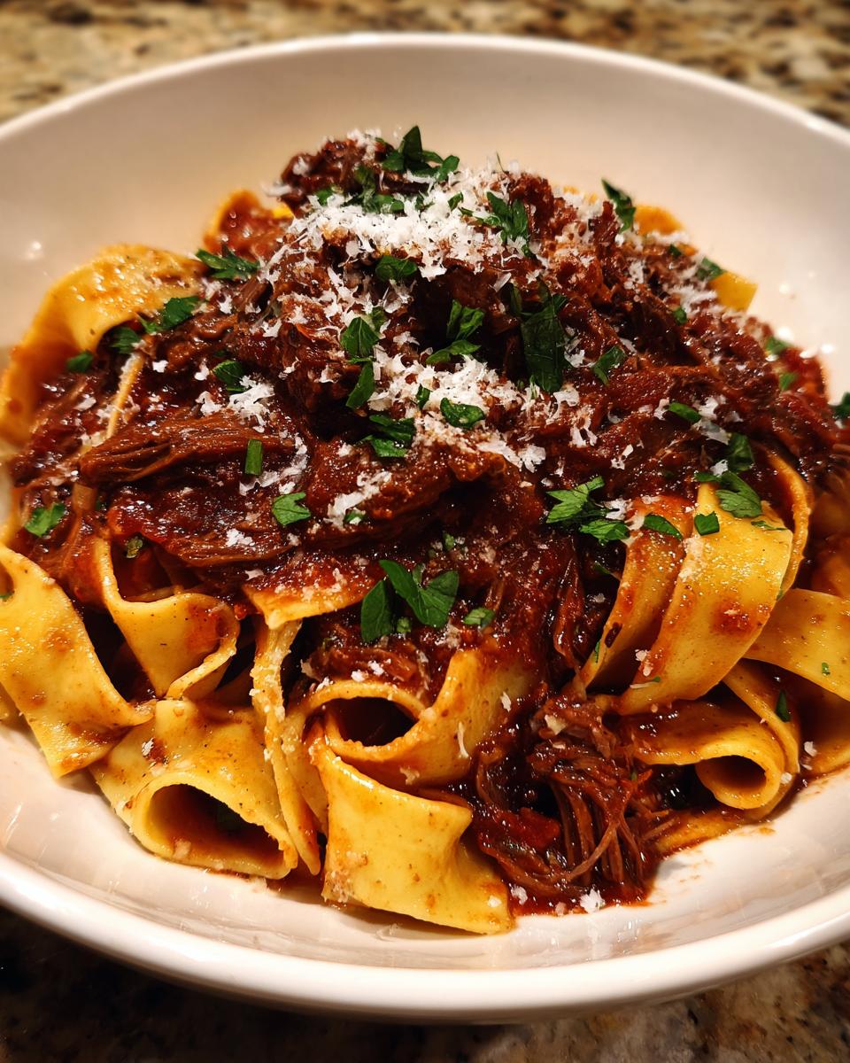 A close-up of a bowl of pappardelle pasta topped with rich short rib ragu and grated Parmesan cheese.