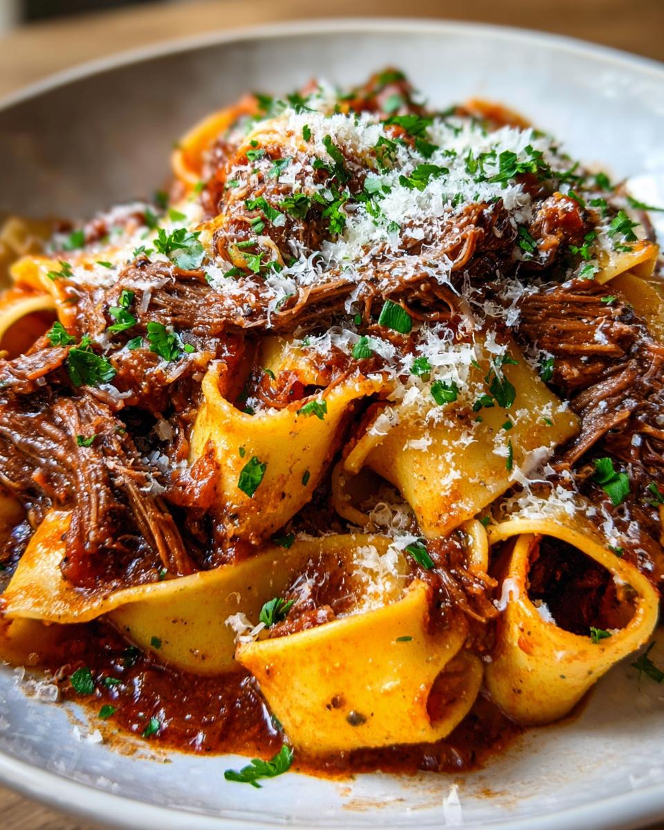 Close-up of a bowl of short rib ragu pasta, featuring wide noodles coated in rich sauce and tender shredded short rib, topped with Parmesan and parsley.