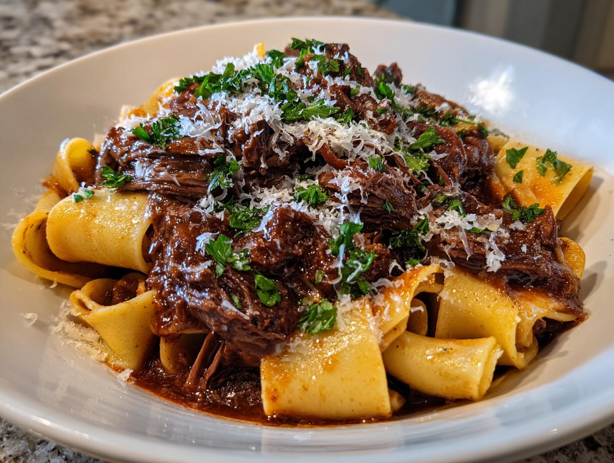 A close-up of a bowl of pasta topped with rich short rib ragu, garnished with parsley and Parmesan cheese.