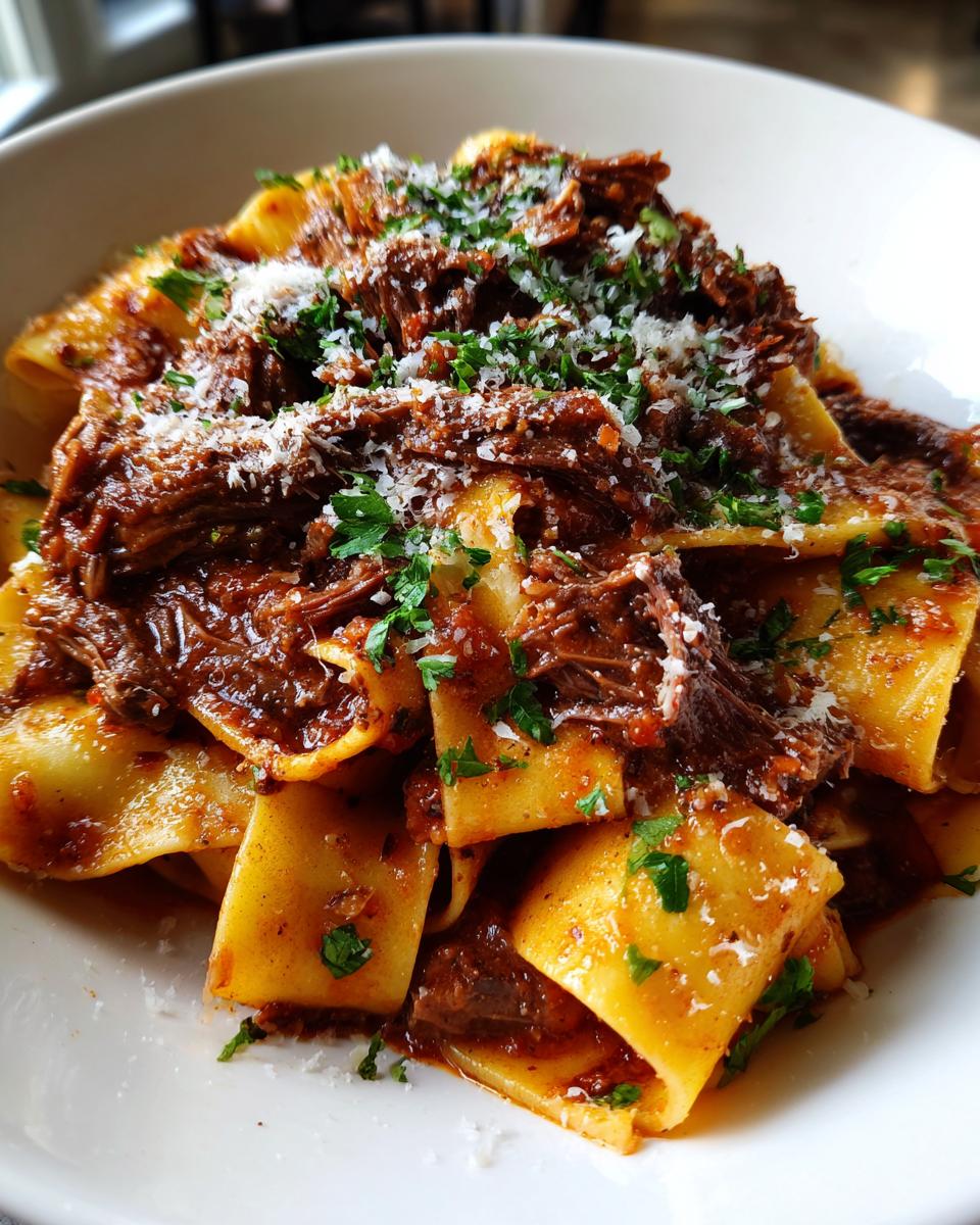 Close-up of wide pasta noodles generously topped with rich short rib ragu and garnished with parsley and Parmesan.