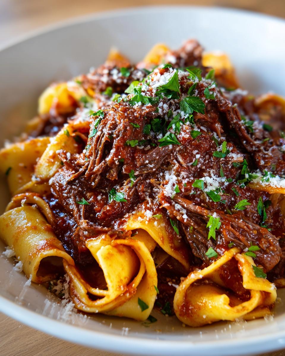 A close-up of delicious short rib ragu pasta, topped with shredded short rib, rich sauce, fresh parsley, and grated Parmesan cheese.