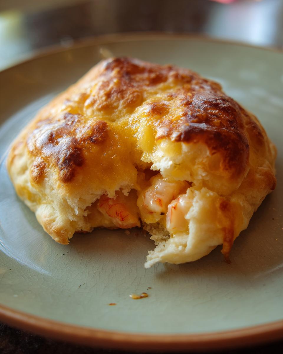 A close-up of a golden-brown Shrimp and Crab Biscuit Melt, with visible shrimp peeking out from the flaky biscuit.