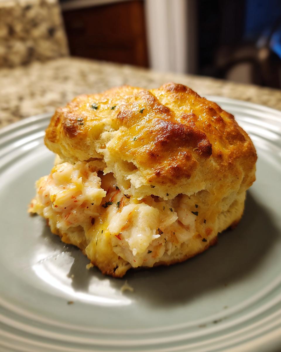 A golden-brown biscuit is split and filled with a creamy mixture of shrimp and crab, creating a delicious Shrimp and Crab Biscuit Melt.