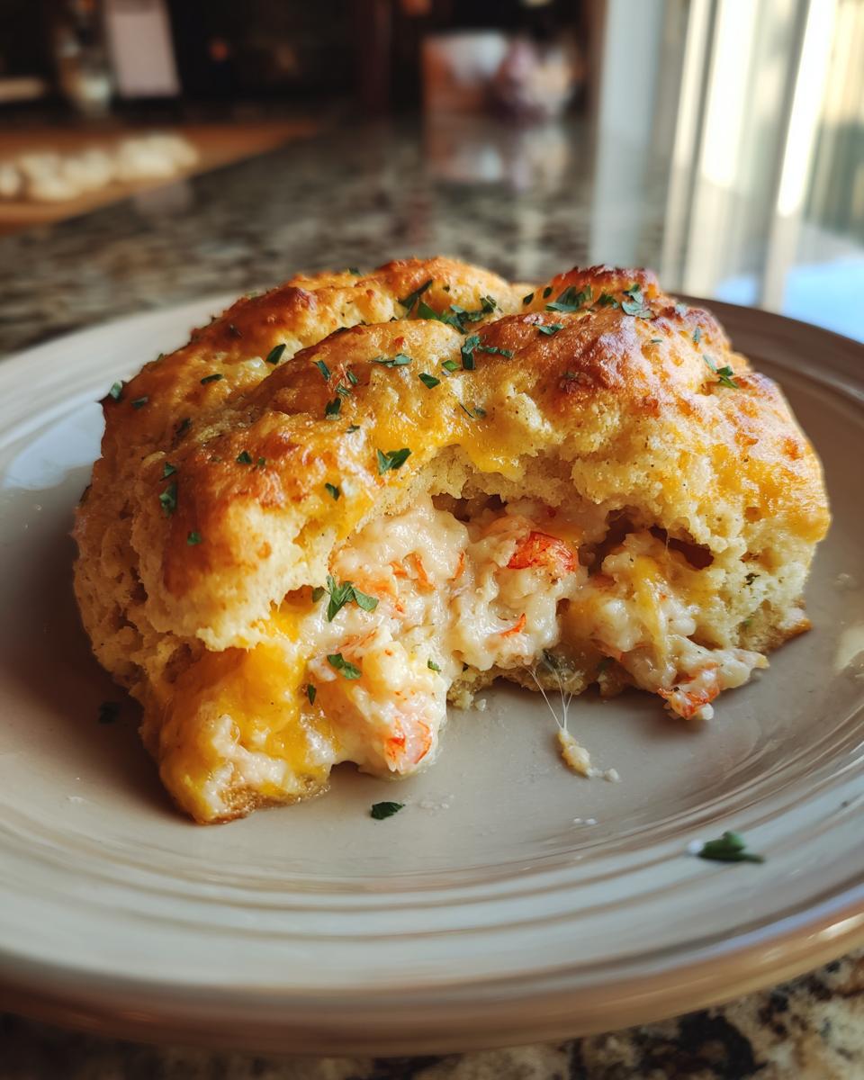 Close-up of a shrimp and crab biscuit melt, showing creamy filling and melted cheese, garnished with parsley.
