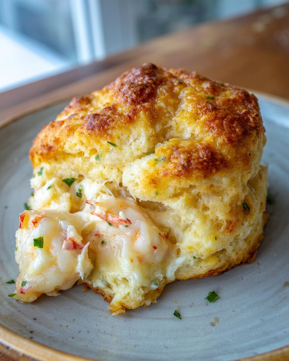 Close-up of a golden-brown biscuit split open to reveal a creamy filling of shrimp and crab, topped with herbs.