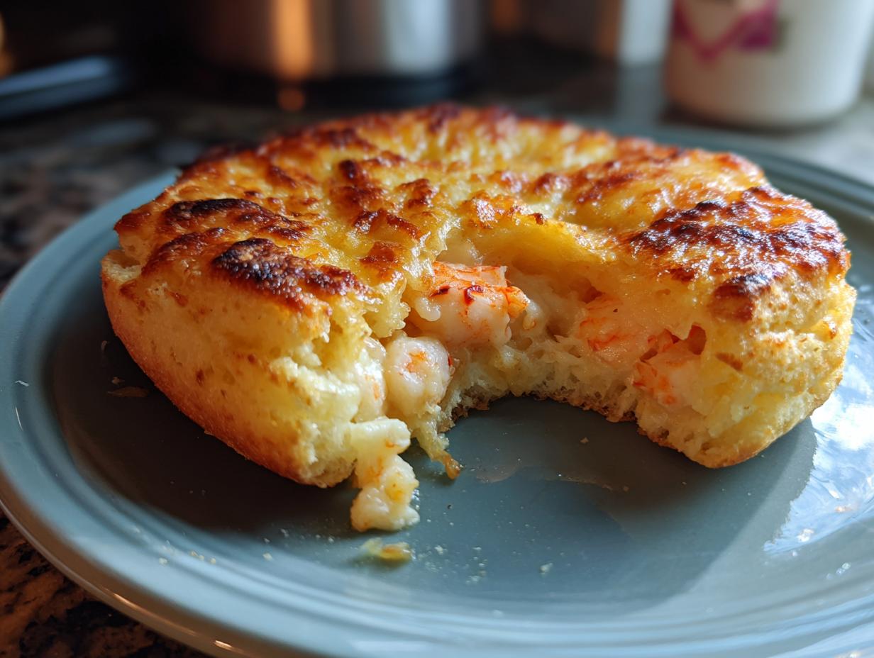 A close-up of a cheesy Shrimp and Crab Biscuit Melt on a plate, showing the golden-brown baked cheese and visible shrimp.