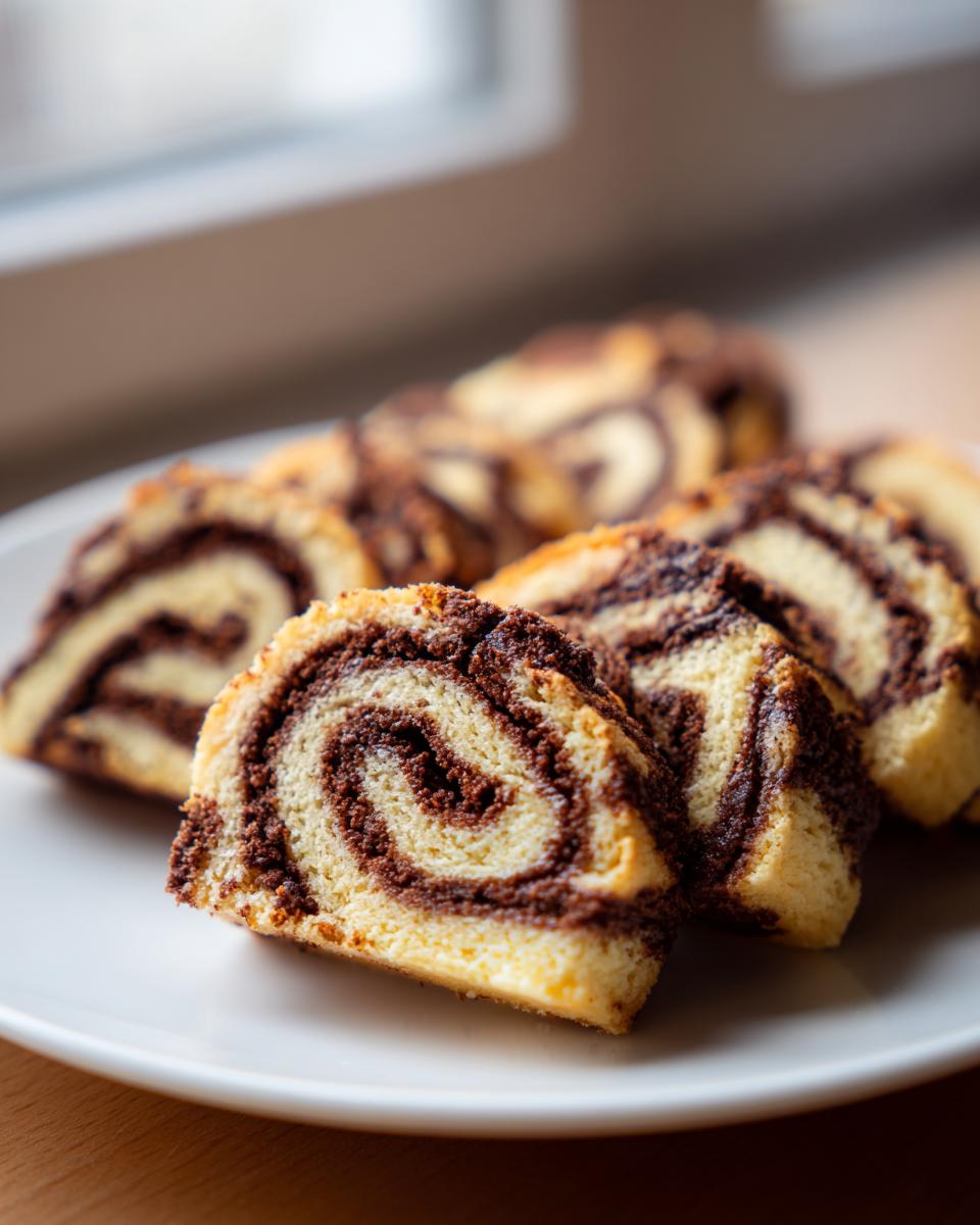 Several slices of delicious pinwheel cookies with a distinct chocolate swirl pattern, served on a white plate.