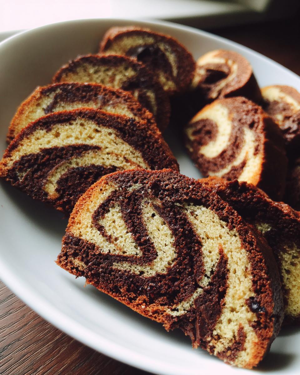 Slices of freshly baked pinwheel cookies showing a distinct vanilla and chocolate swirl pattern on a white plate.