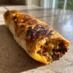 A close-up of a grilled sloppy joe burrito, showing the savory meat filling and melted cheese peeking out.