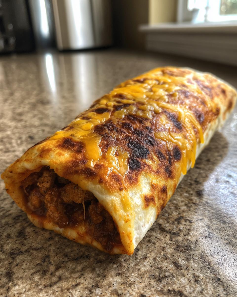 A close-up of a delicious sloppy joe grilled burrito with melted cheese on a granite countertop.