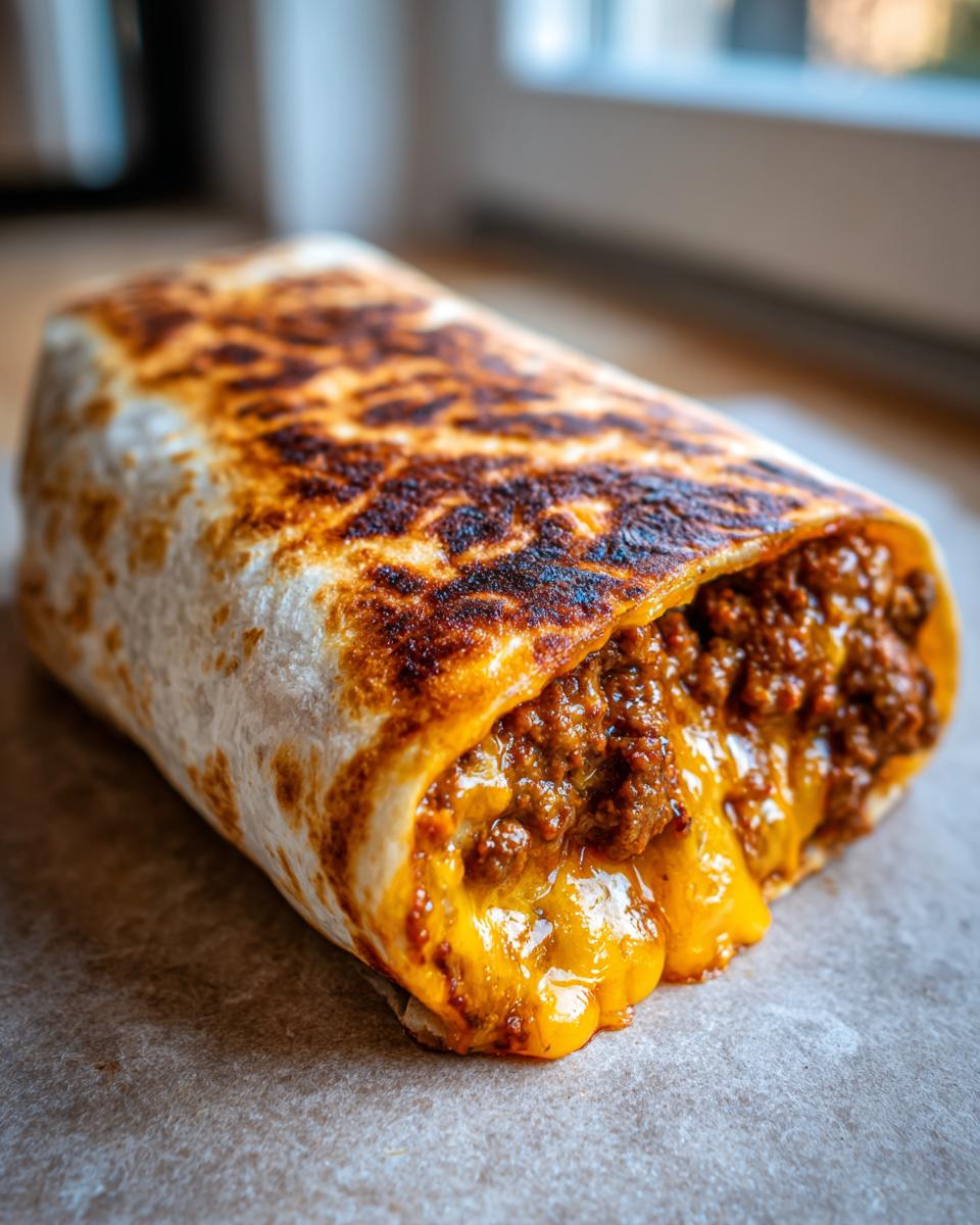 A close-up of a grilled sloppy joe burrito, with melted cheese oozing out from the end.