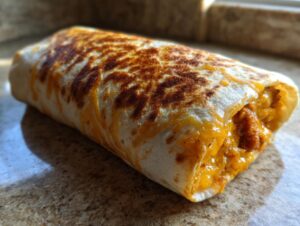 A close-up of a delicious sloppy joe grilled burrito with melted cheese oozing out.