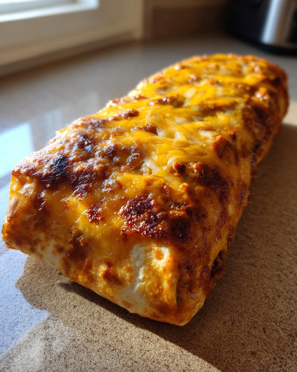 A close-up of a golden-brown sloppy joe grilled burrito topped with melted cheese.