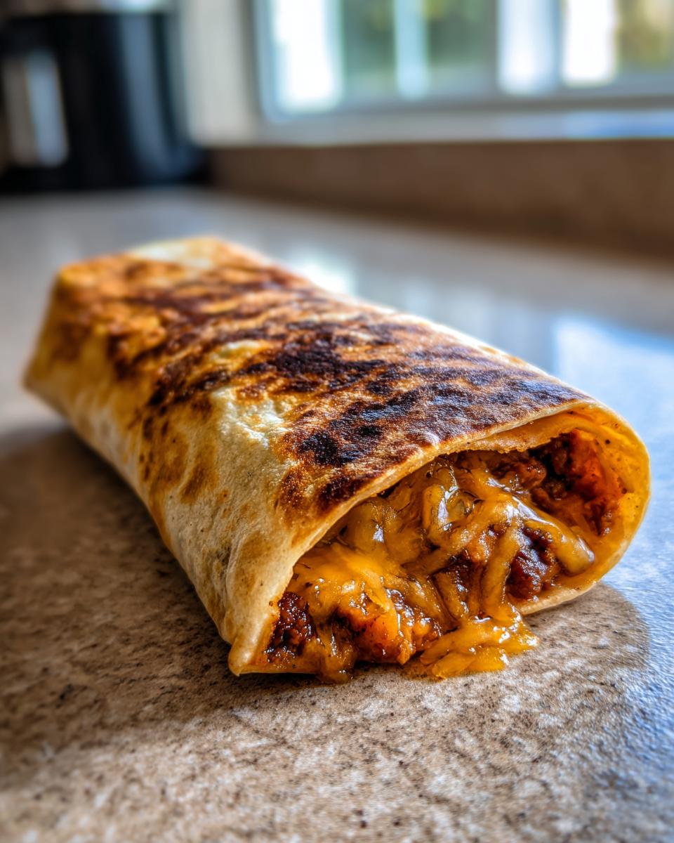 A close-up of a delicious sloppy joe grilled burrito, with melted cheese oozing out.