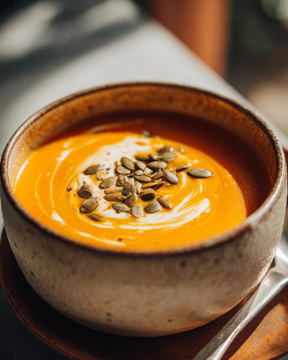 A bowl of creamy slow cooker pumpkin soup topped with a swirl of cream and toasted pumpkin seeds.