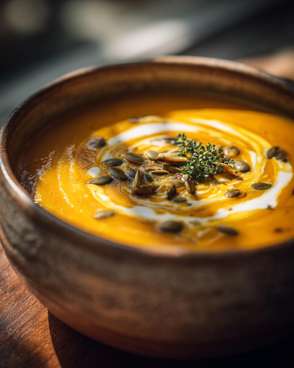 A close-up of a rustic bowl filled with creamy slow cooker pumpkin soup, topped with a swirl of cream, pumpkin seeds, and fresh herbs.