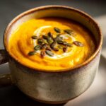 A close-up of a rustic bowl filled with vibrant orange slow cooker pumpkin soup, swirled with cream and topped with pumpkin seeds.