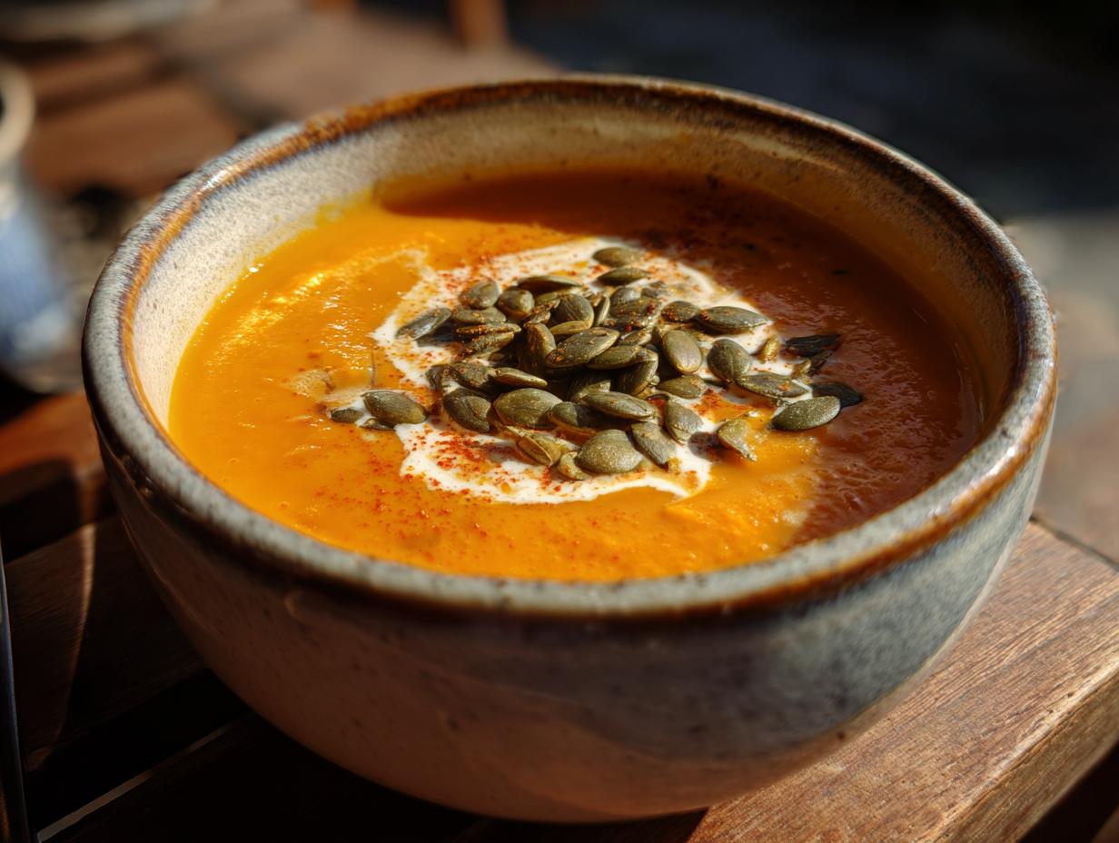 A close-up of a bowl of vibrant orange slow cooker pumpkin soup, topped with cream, pumpkin seeds, and paprika.