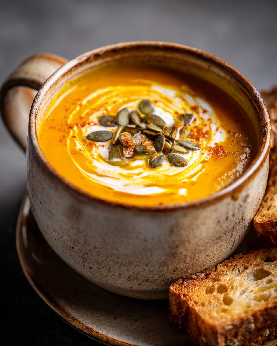 A hearty bowl of slow cooker pumpkin soup, topped with swirls of cream, pumpkin seeds, and a sprinkle of paprika.