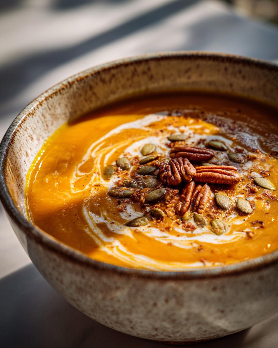 A close-up of a bowl of creamy slow cooker pumpkin soup, topped with swirls of cream, pumpkin seeds, and pecans.