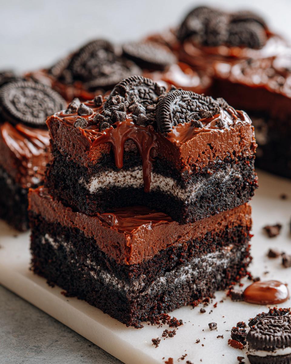 Close-up of stacked Slutty Brownies, featuring layers of chocolate cake, cookies and cream filling, and chocolate ganache, topped with Oreos and chocolate chips.