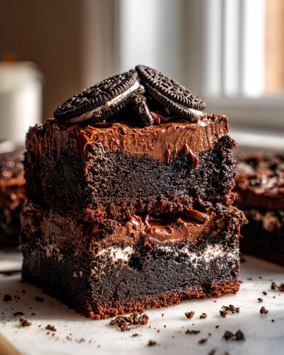 A rich, multi-layered slutty brownie topped with chocolate frosting and Oreos.