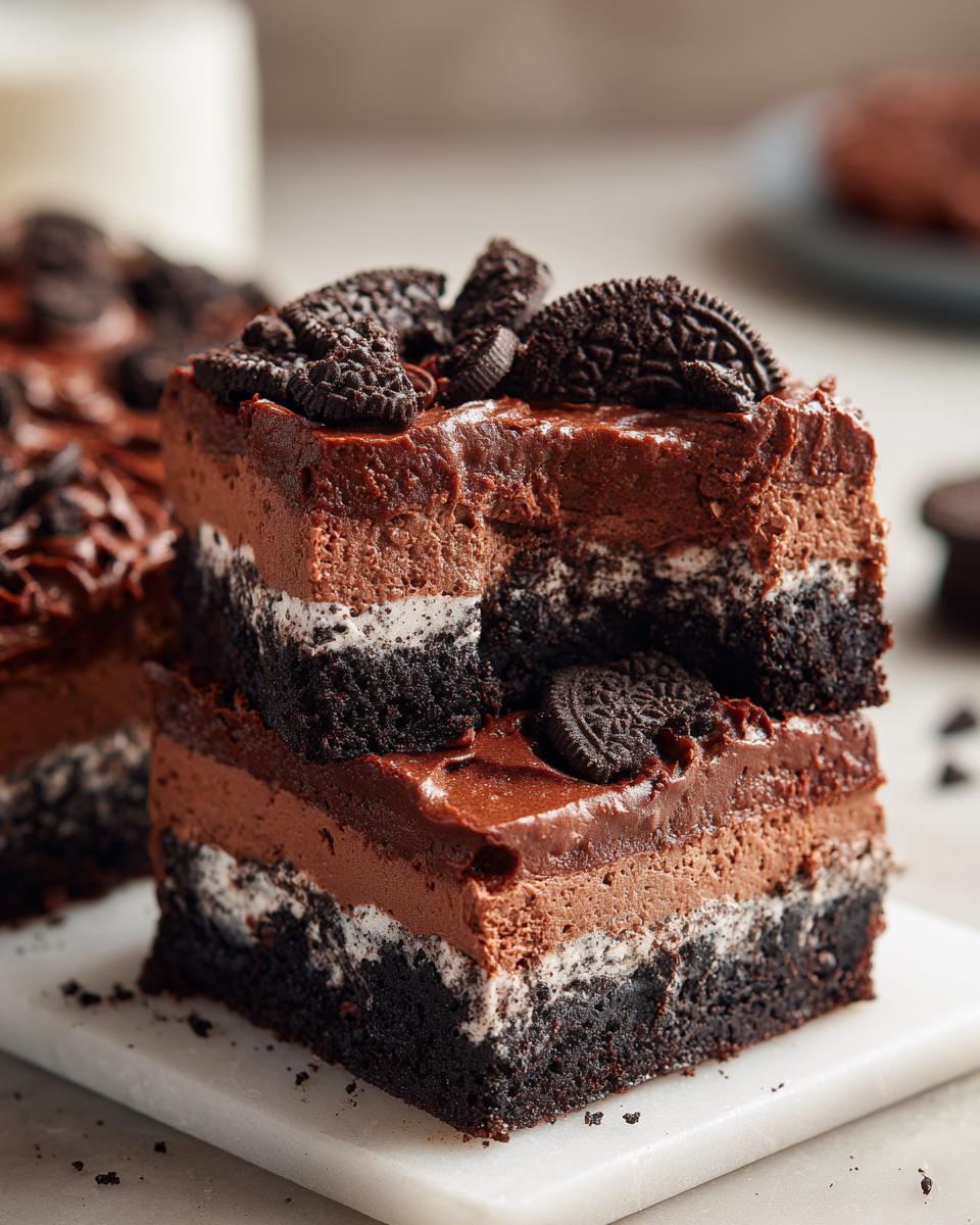 Close-up of two stacked slices of Slutty Brownies, featuring chocolate brownie, cheesecake, and Oreo layers, topped with whole Oreos.