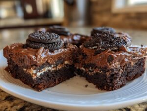 Close-up of a decadent Slutty Brownie slice, featuring layers of brownie, cheesecake, and chocolate frosting topped with Oreos.