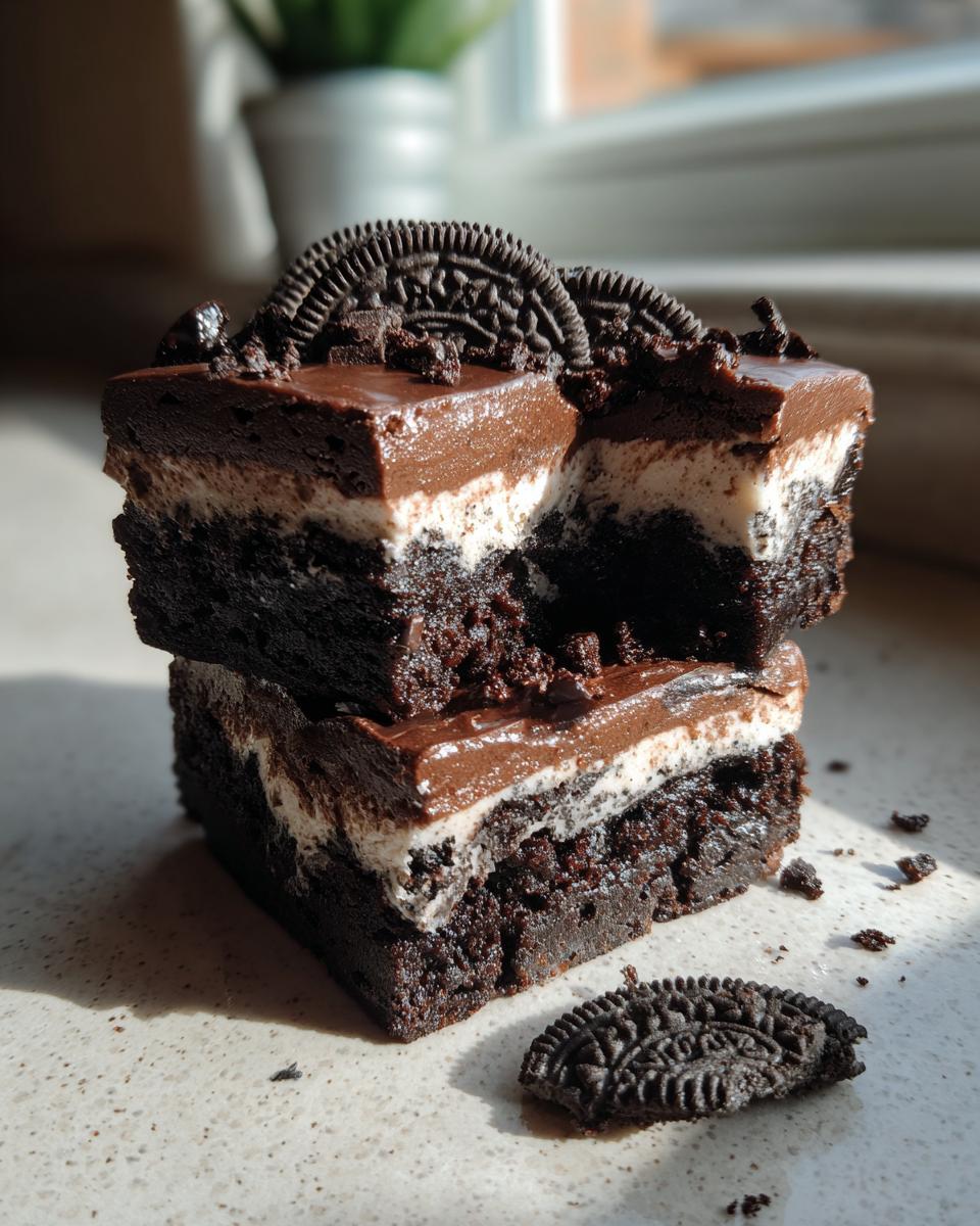A stack of three-layer slutty brownies, featuring a brownie base, cream cheese layer, and chocolate ganache, topped with Oreos.