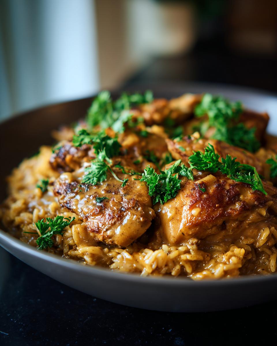 A close-up of a bowl filled with fluffy rice topped with tender pieces of smothered chicken and garnished with fresh parsley.
