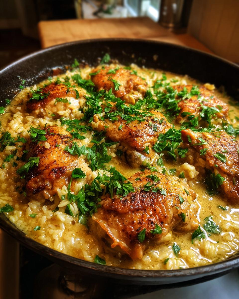 Close-up of golden-brown chicken thighs nestled in creamy rice, garnished with fresh parsley. Smothered chicken and rice.