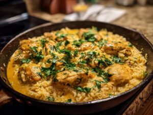 Close-up of tender chicken pieces nestled in creamy rice, garnished with fresh parsley, in a cast iron skillet.