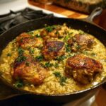 A cast iron skillet filled with creamy rice and tender pieces of golden brown smothered chicken, garnished with fresh parsley.