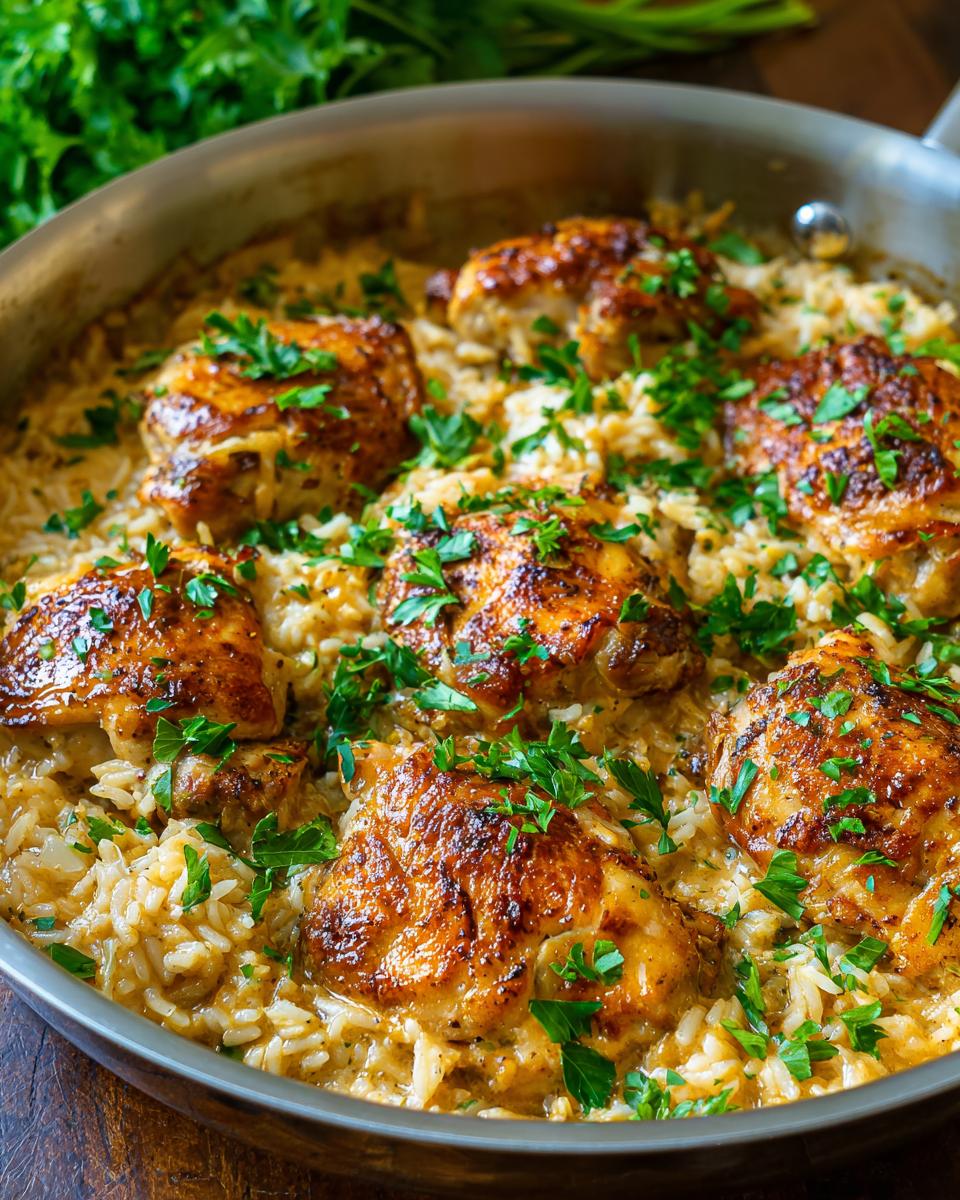 Close-up of a skillet filled with creamy rice and perfectly cooked smothered chicken thighs, garnished with fresh parsley.