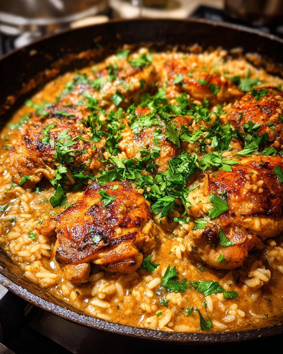 Close-up of a cast iron skillet filled with tender smothered chicken and rice, garnished with fresh parsley.