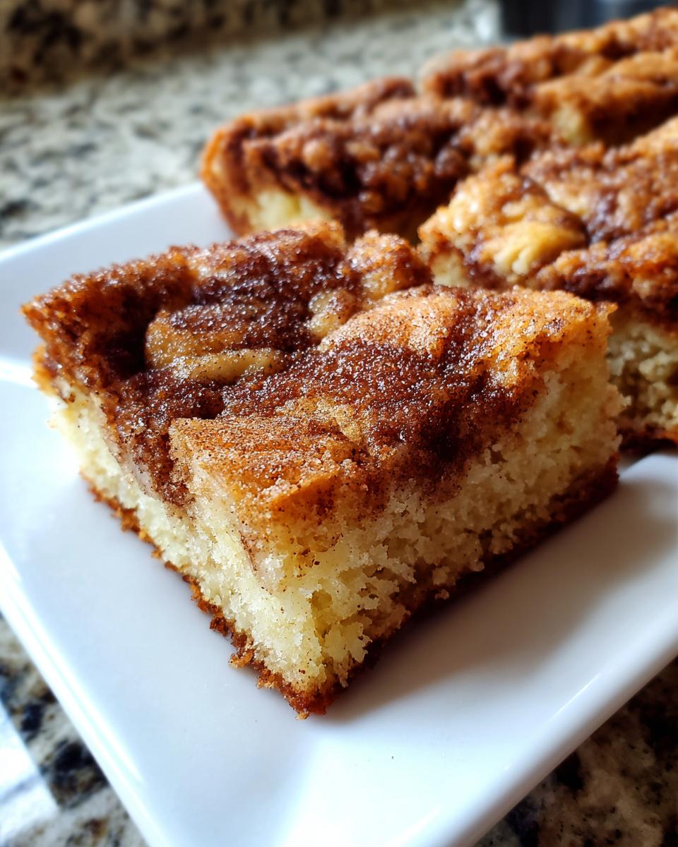 A close-up of a square slice of snickerdoodle blondies featuring a thick, sugary cinnamon swirl topping.