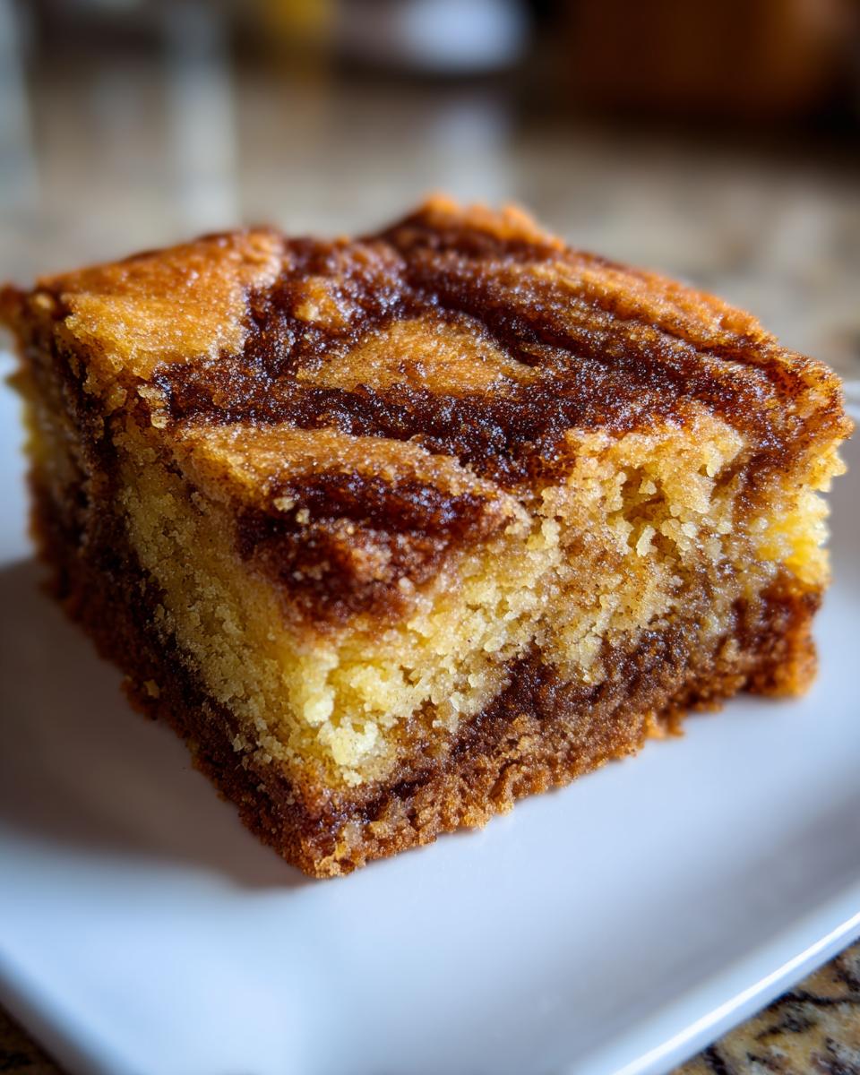 A close-up shot of a single square of rich, moist snickerdoodle blondies with a dark cinnamon swirl topping.