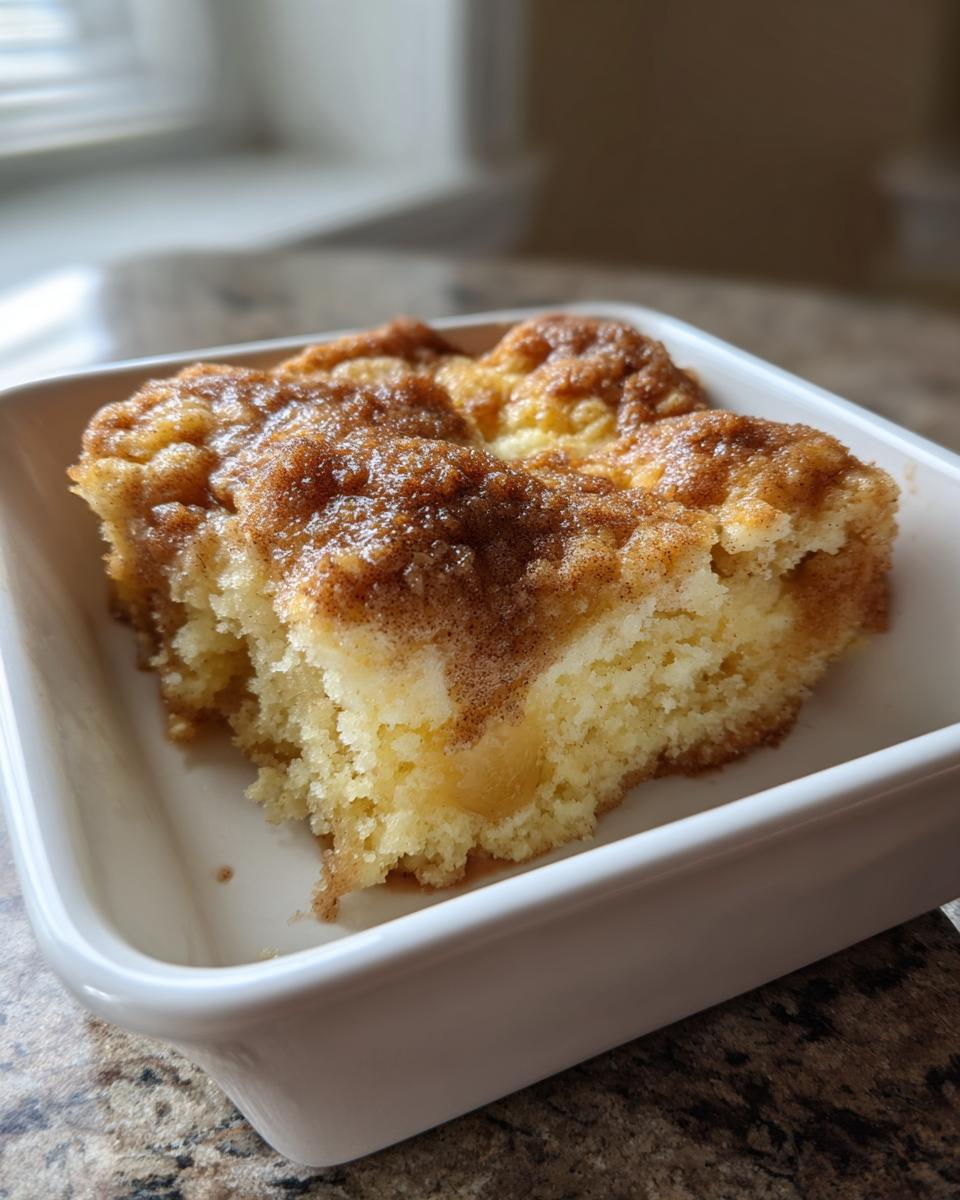 A square slice of moist snickerdoodle cobbler with a cinnamon-sugar topping served in a small white dish.