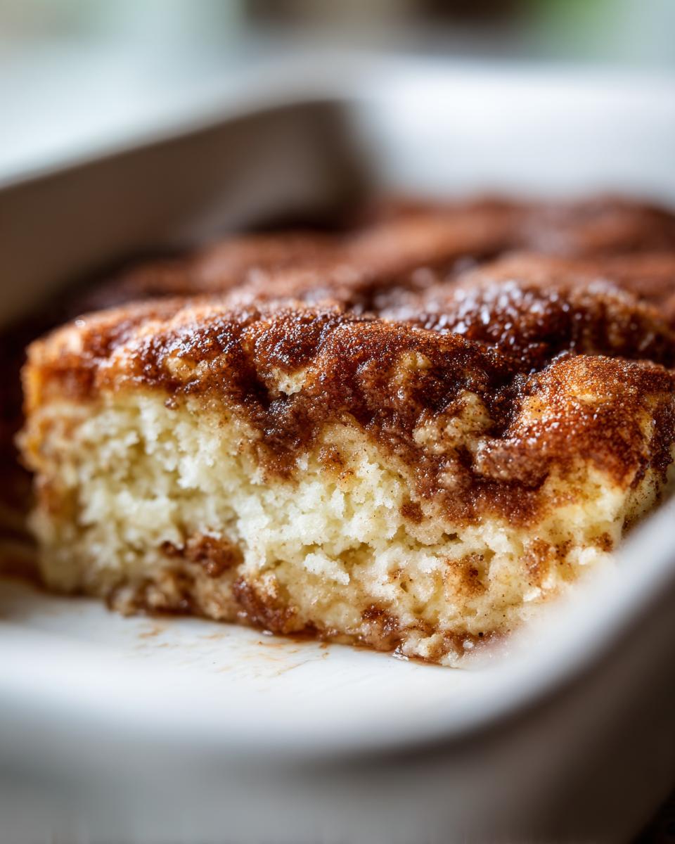 A close-up, macro view of a moist, light-colored snickerdoodle cobbler slice topped with rich cinnamon sugar.