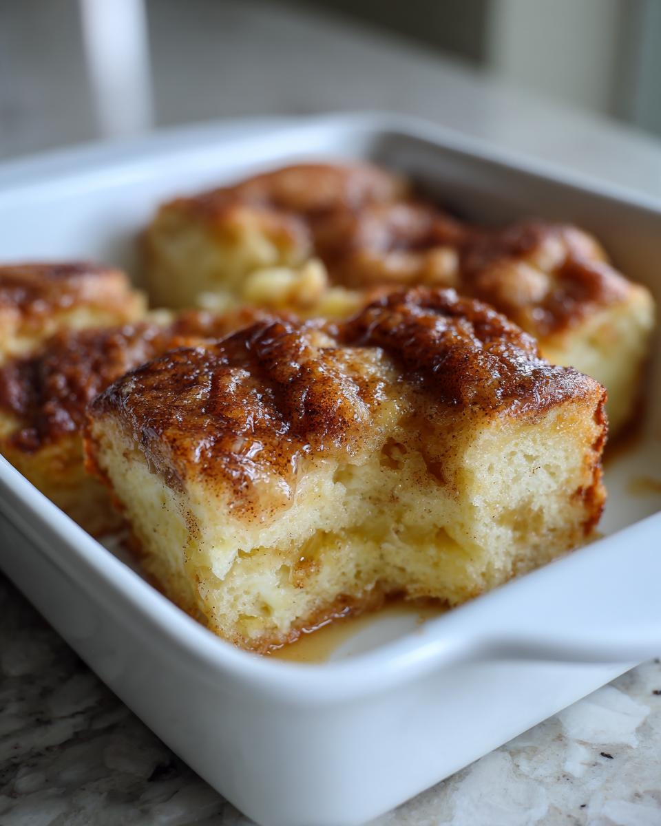 A close-up of a square piece of moist snickerdoodle cobbler topped with cinnamon sugar glaze in a white baking dish.