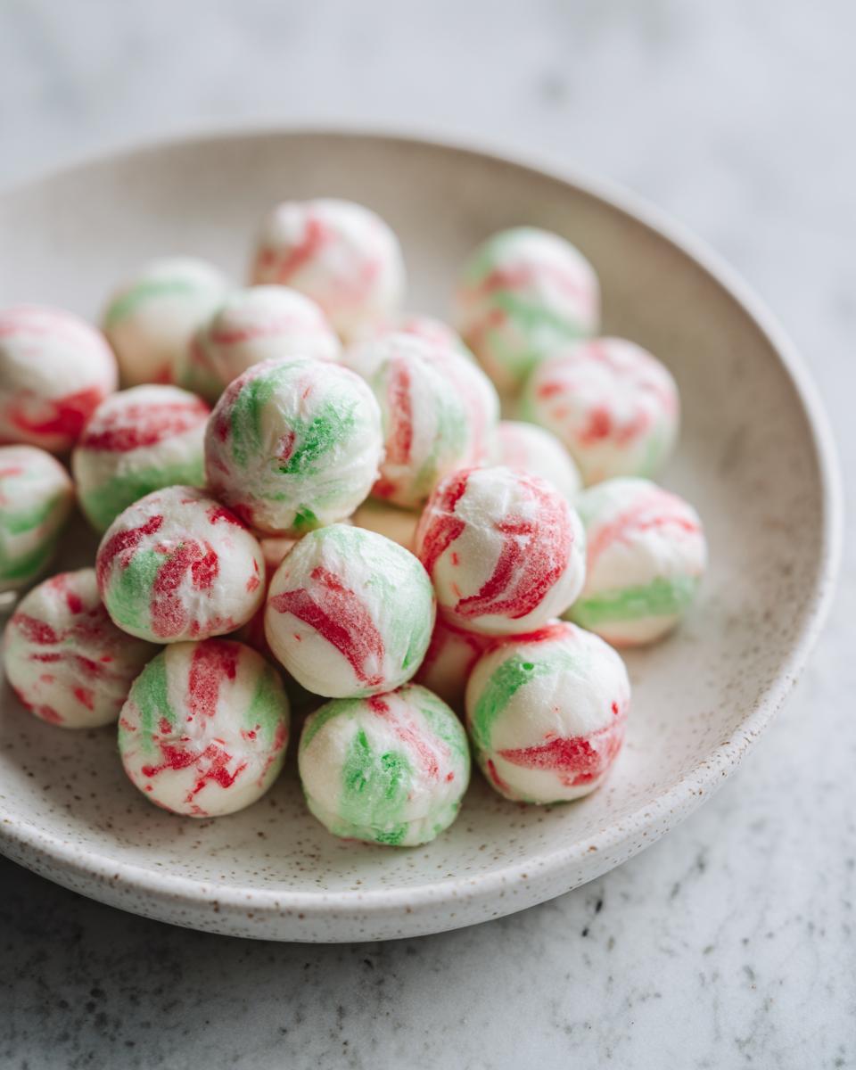 A close-up of a bowl filled with soft Christmas peppermints, swirled with red and green colors.