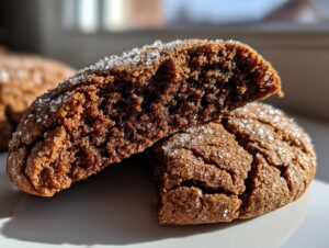Close-up of a soft, chewy ginger molasses cookies, split in half to show the texture and coated in sparkling sugar.