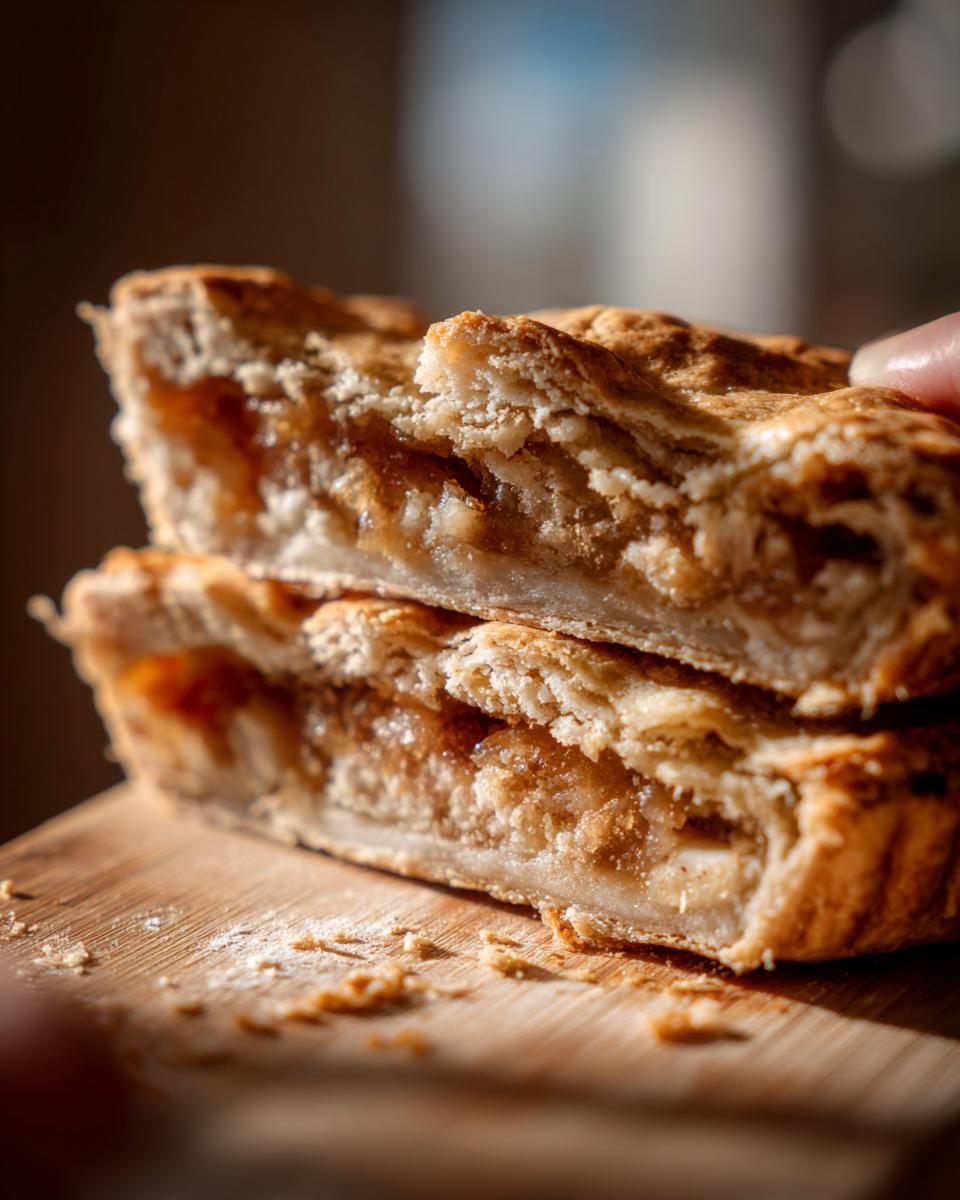 Close-up of two slices of pie with a flaky sourdough discard pie crust and apple filling stacked on a wooden board.