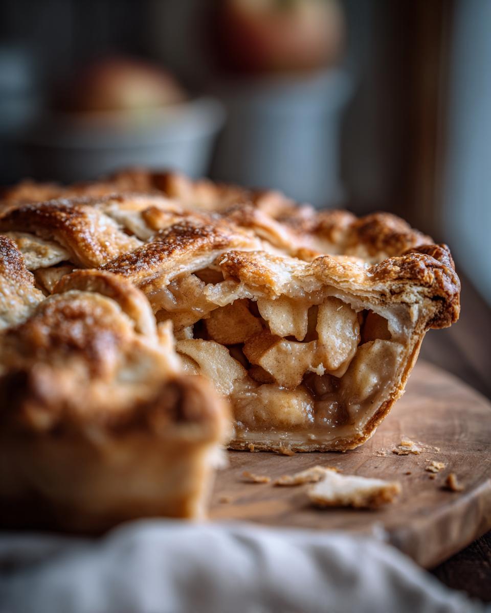 Close-up of a freshly baked apple pie with a lattice top, showcasing the golden brown sourdough discard pie crust and juicy apple filling.