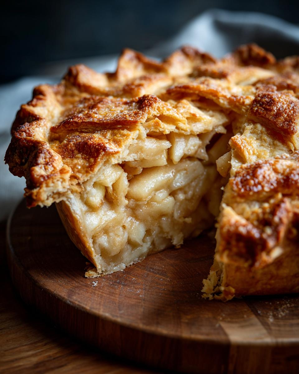 A slice of apple pie showcasing a flaky sourdough discard pie crust and a generous apple filling.