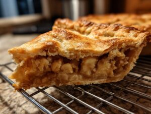 A slice of apple pie showcasing a golden brown sourdough discard pie crust filled with tender apple pieces.