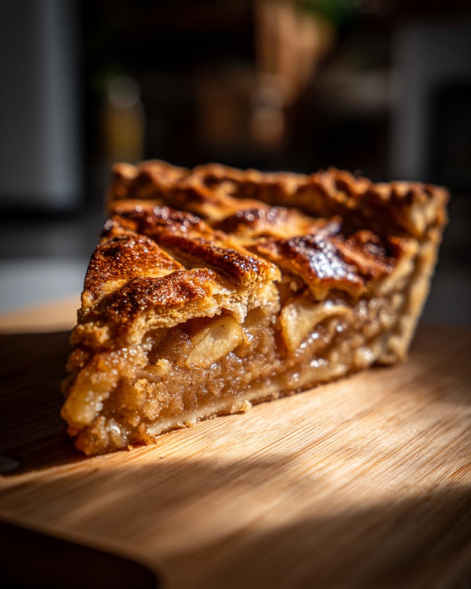 A slice of apple pie with a golden brown sourdough discard pie crust on a wooden board.