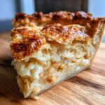 A close-up of a slice of pie featuring a flaky sourdough discard pie crust and a sweet filling.